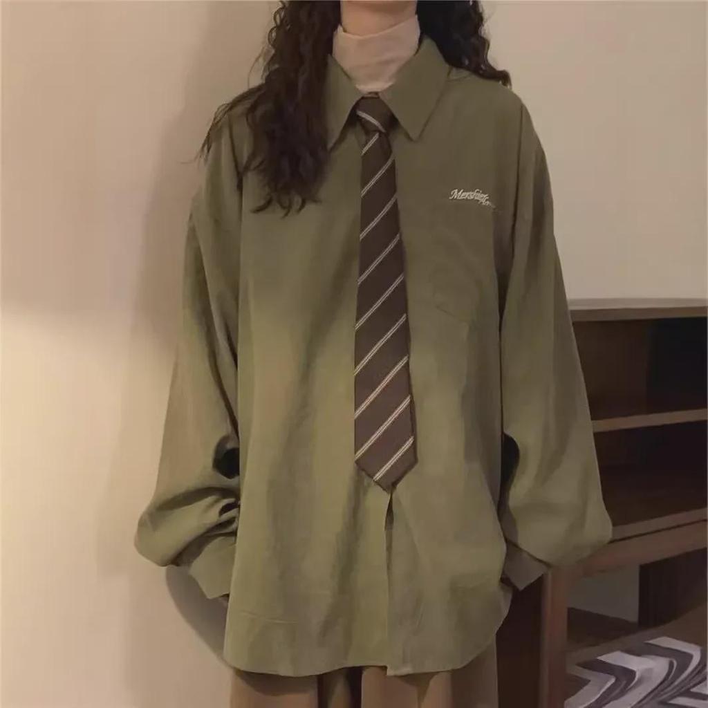 2024 Unisex Green Retro College Style Long-Sleeve Casual Shirt