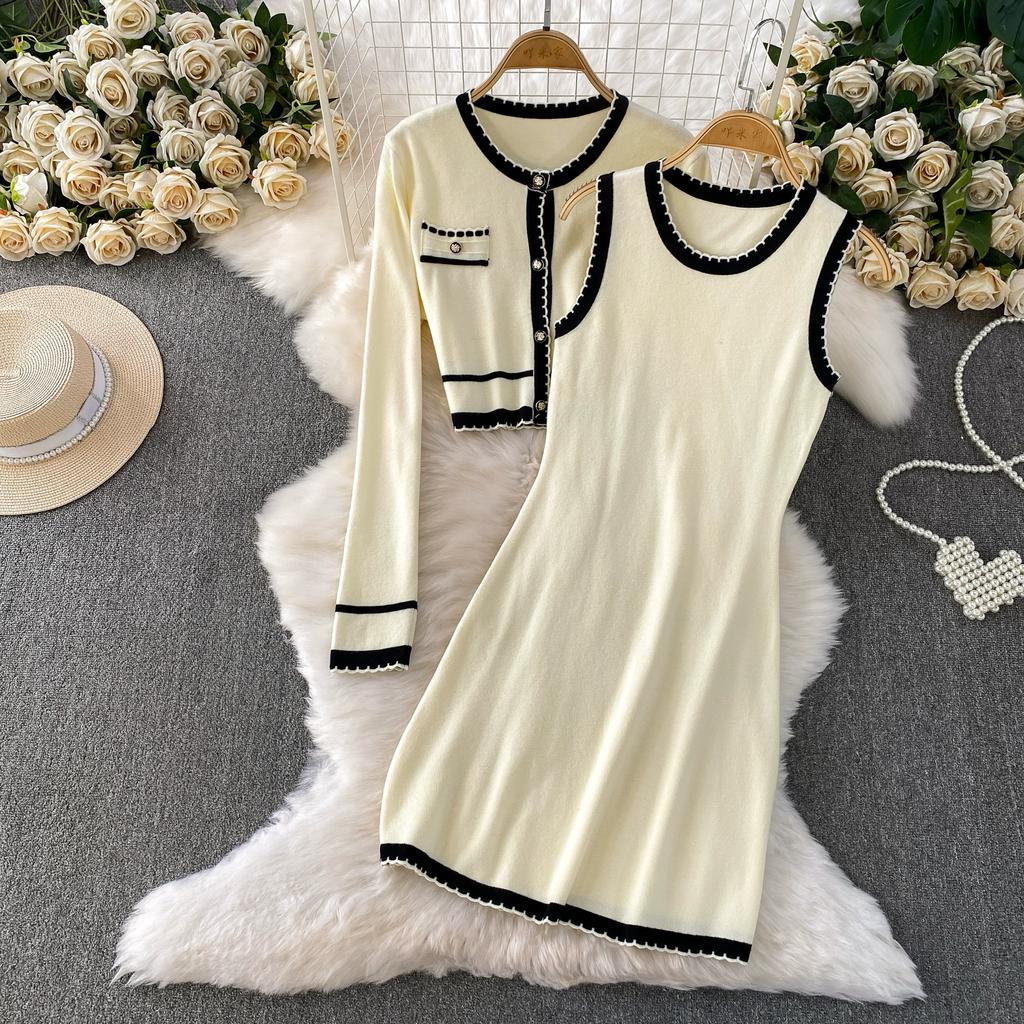 Autumn Winter Women Casual Knitted Sweater Two Piece Set Single Breasted Cardigans Top and Mini Short Slim Bodycon Dresses Suit