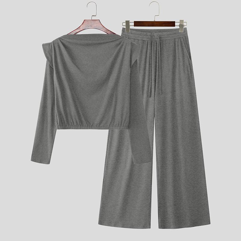 INCERUN 2 STÜCKE Herren Langarm Cropped T-Shirts und Lange Hosen Lässige Outfit-Sets