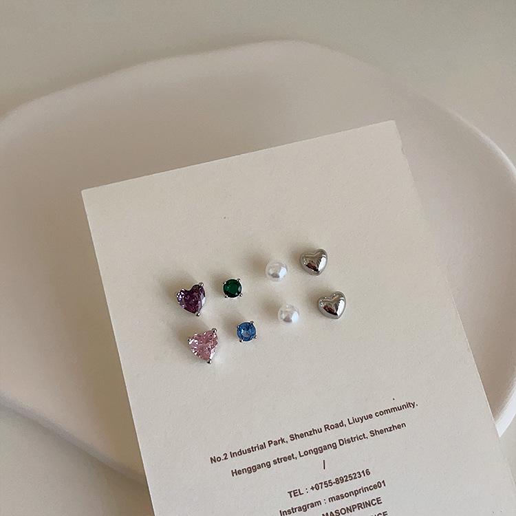 Korean Style Colored Diamond Heart Pearl Stud Earrings - Versatile, Simple & Elegant Accessories for Women.