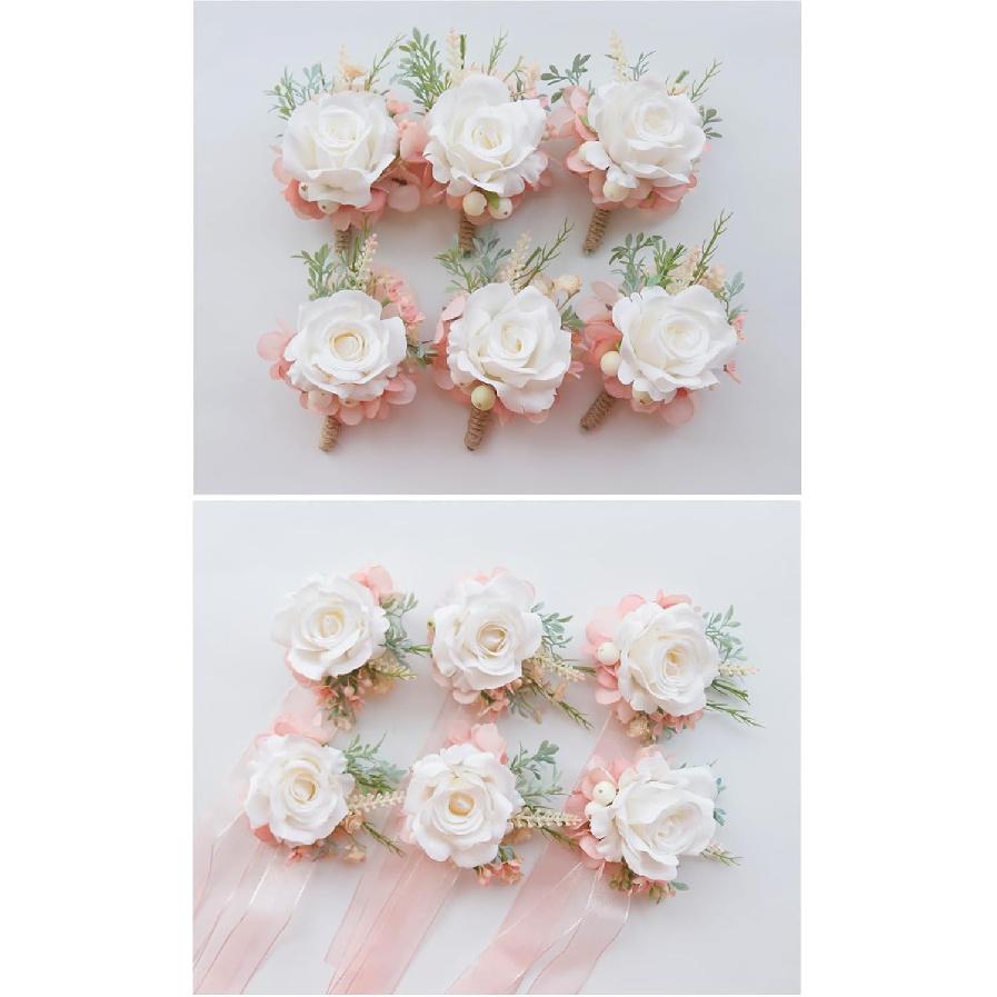 MAFELOE Wrist Corsage and Boutonniere Set Artificial Rose Flowers Accessories for Groom Bride Groomsmen Bridesmaids Wedding Party Prom Suit- Creamy
