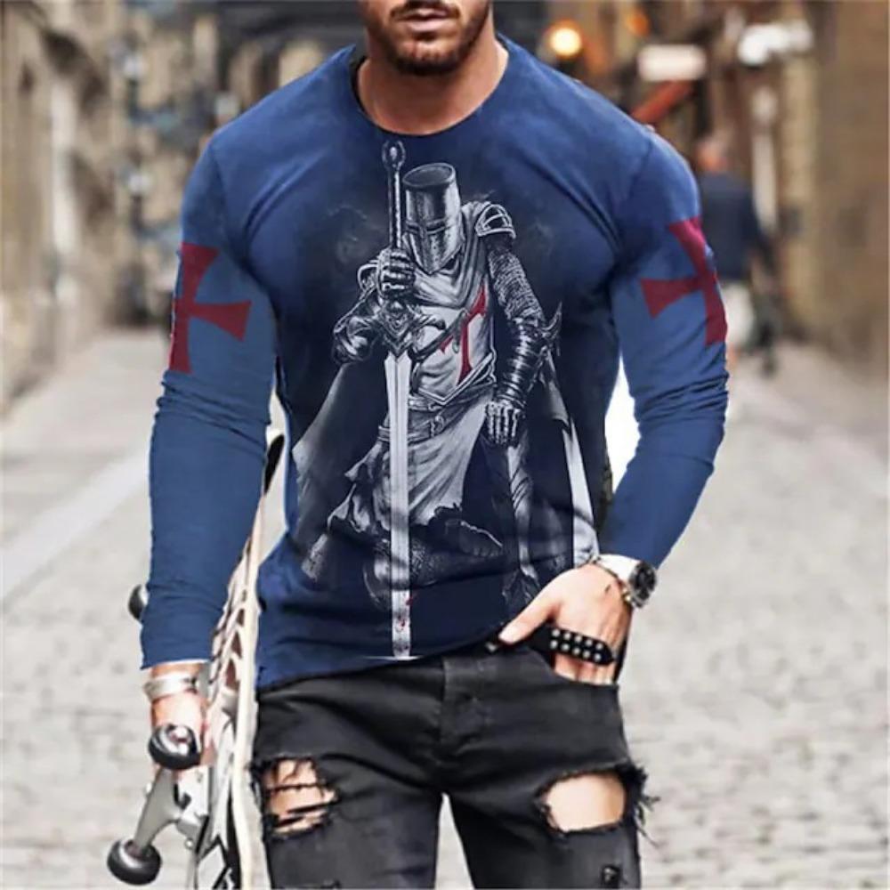 Templar 3D Digital Printed Men's Street Trendy Round Neck Long Sleeve T-shirt