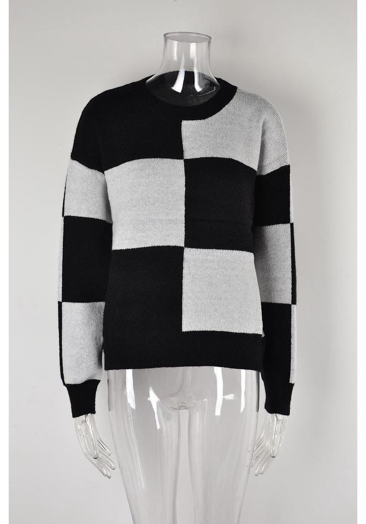 New 2026 Autumn/Winter Women's Plaid Color Block Round Neck Knit Pullover