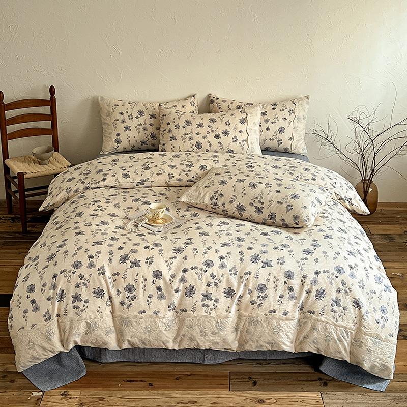 4PCS Vintage Style Bedding Set Princess Lace Duvet Cover 200x230cm Flat Sheet Set Twin Double Size Bed Set For Bedroom Decor