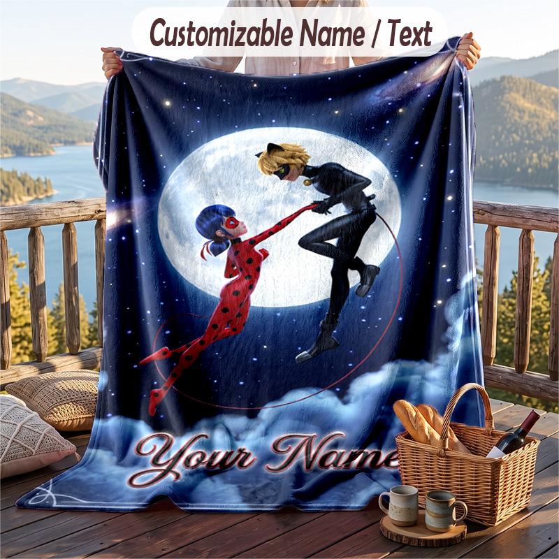 Miraculous Ladybug Flannel Blanket, Personalized Custom Name Text, Soft Warm Plush Throw Blanket For Gift