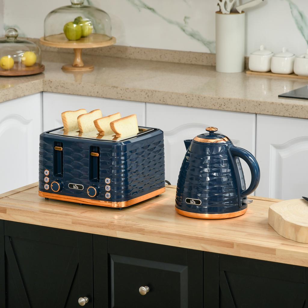 3000W 1.7L Rapid Boil Kettle & 4 Slice Toaster, Kettle and Toaster Set with 7 Browning Controls and Crumb Tray, Blue