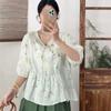 Johnature Spring Print Floral Shirts Women V-Neck Half Sleeve Tops Belt Loose Chinese Style Women Shirts