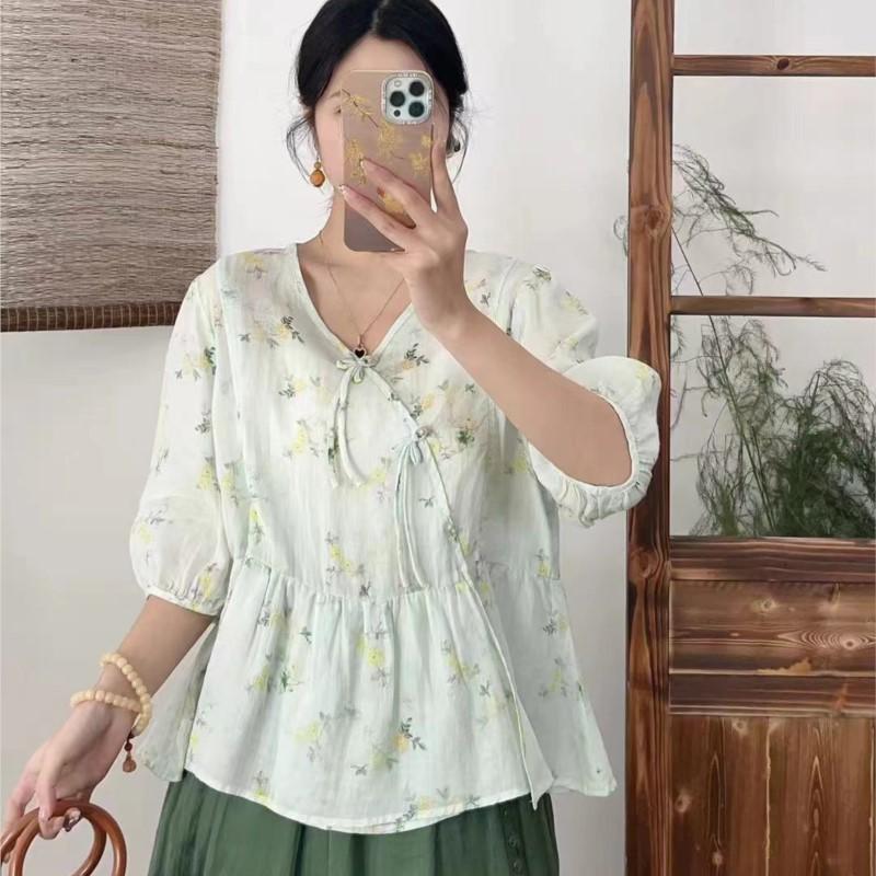 Johnature Spring Print Floral Shirts Women V-Neck Half Sleeve Tops Belt Loose Chinese Style Women Shirts