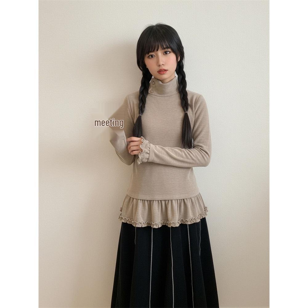 De Róng Women's Korean Style High Neck Lace Base Layer Top, Sweet Age-Reducing Design for Autumn/Winter, Long Sleeve, In Stock