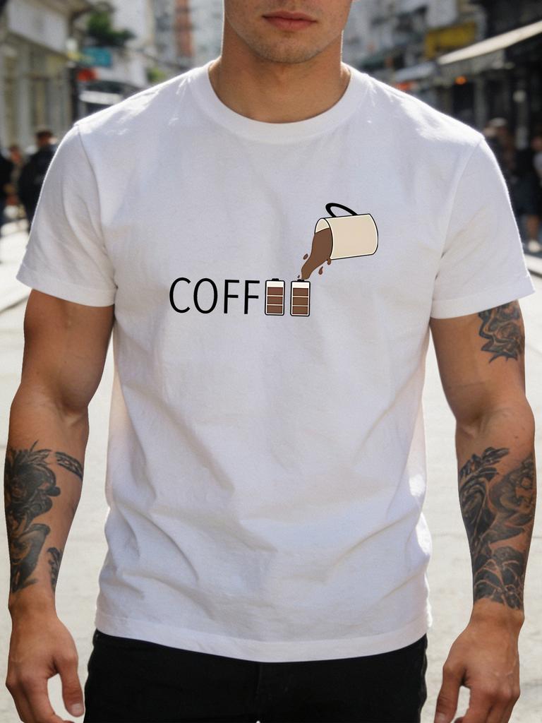 Unisex Royal Blue Tee Coffee Battery Pouring Art Print Short Sleeve Loose Casual Street Basic Top For Adult Male Daily Wear Outfit