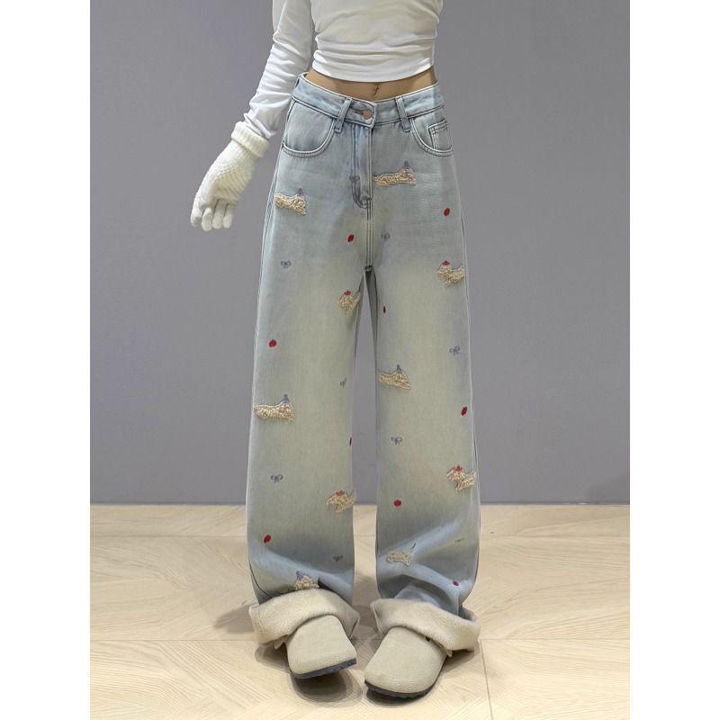 Women's High-Waisted Retro Dachshund Embroidery Wide-Leg Jeans - Slimming, Warm, Plus Velvet, Early Winter Style