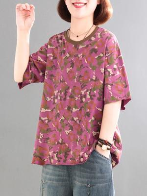Vintage Elegant Floral Print New Style Short-sleeved T-shirt Loose Fit Summer Floral Pattern Round Neck Casual Top
