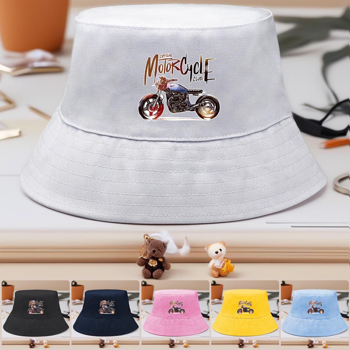 

Bucket Hat With Handsome Motorcycle Print , Sun Hat Solid Color Fashion Sun Protection Beach Cap as the picture синій