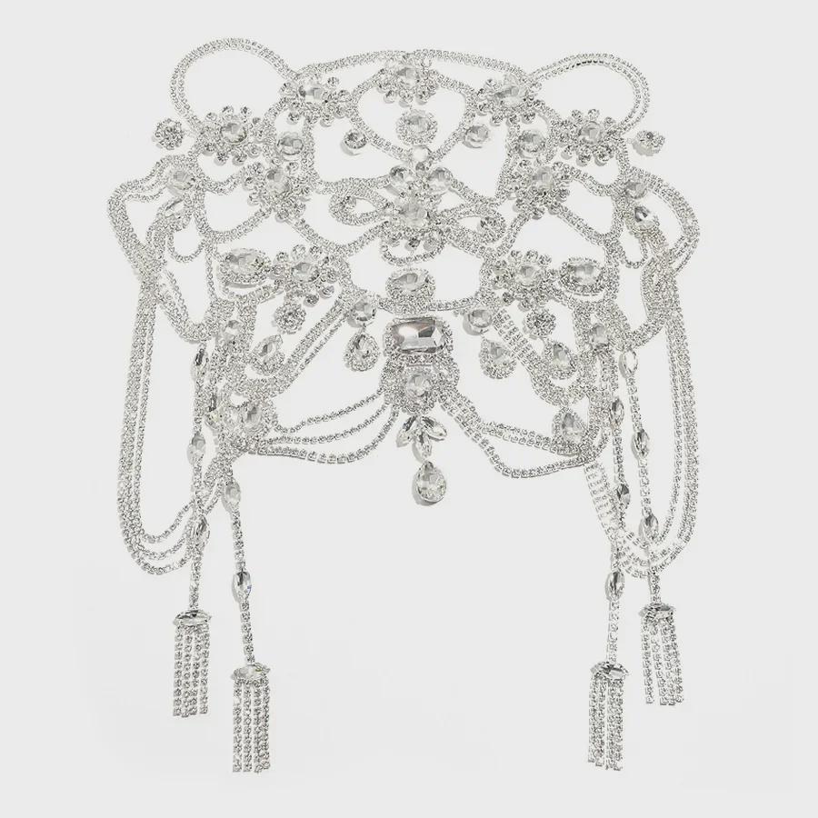 Lanț de păr exotic cu plasă și strasuri, cu mai multe straturi, pentru mireasă