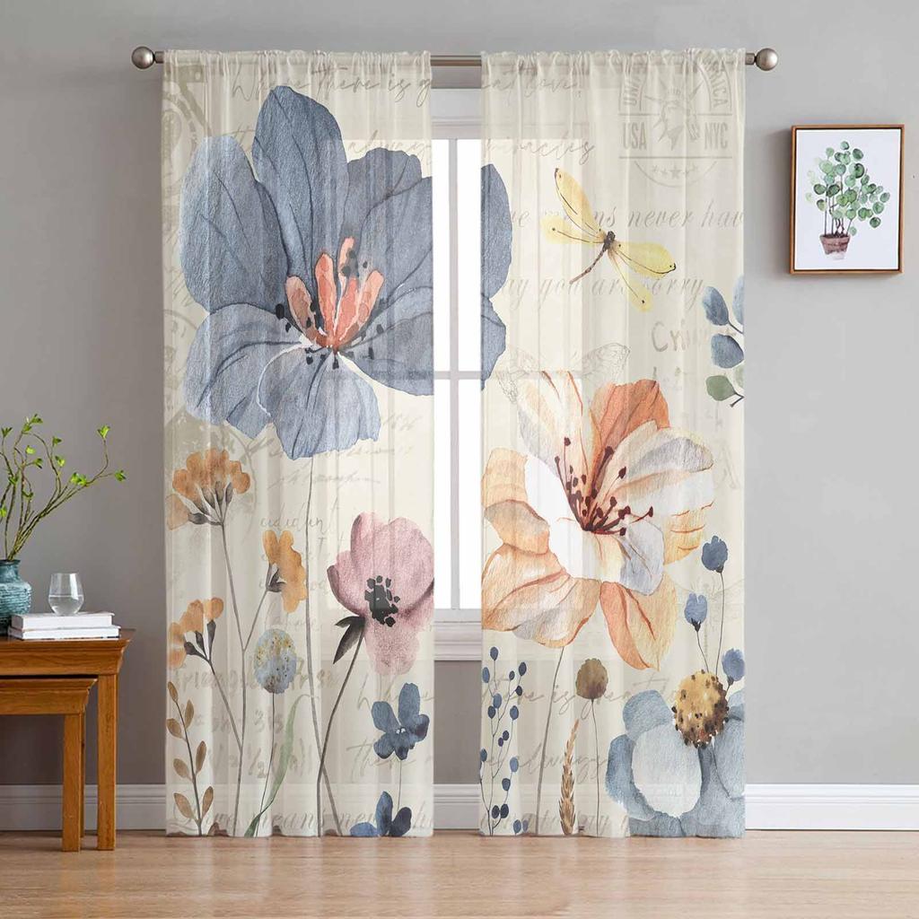Luxury Tulle Curtains Color Painting Modern Living Room Kitchen Chiffon Curtain Youth Bedroom Sheer Floor Valance Curtain