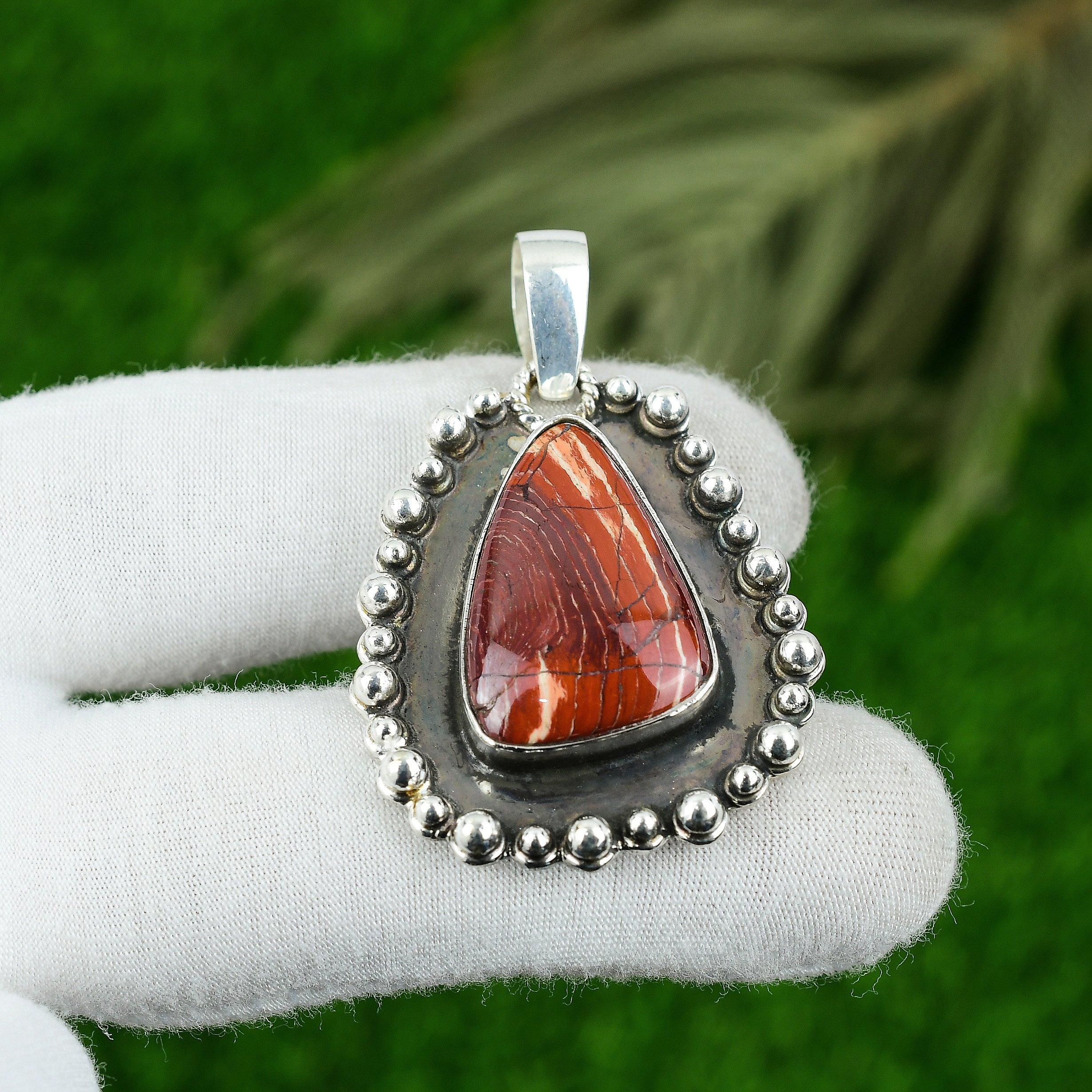 

925 Silver Trillion Red Snakeskin Jasper Stone Unique Bezel Daughter New Pendant