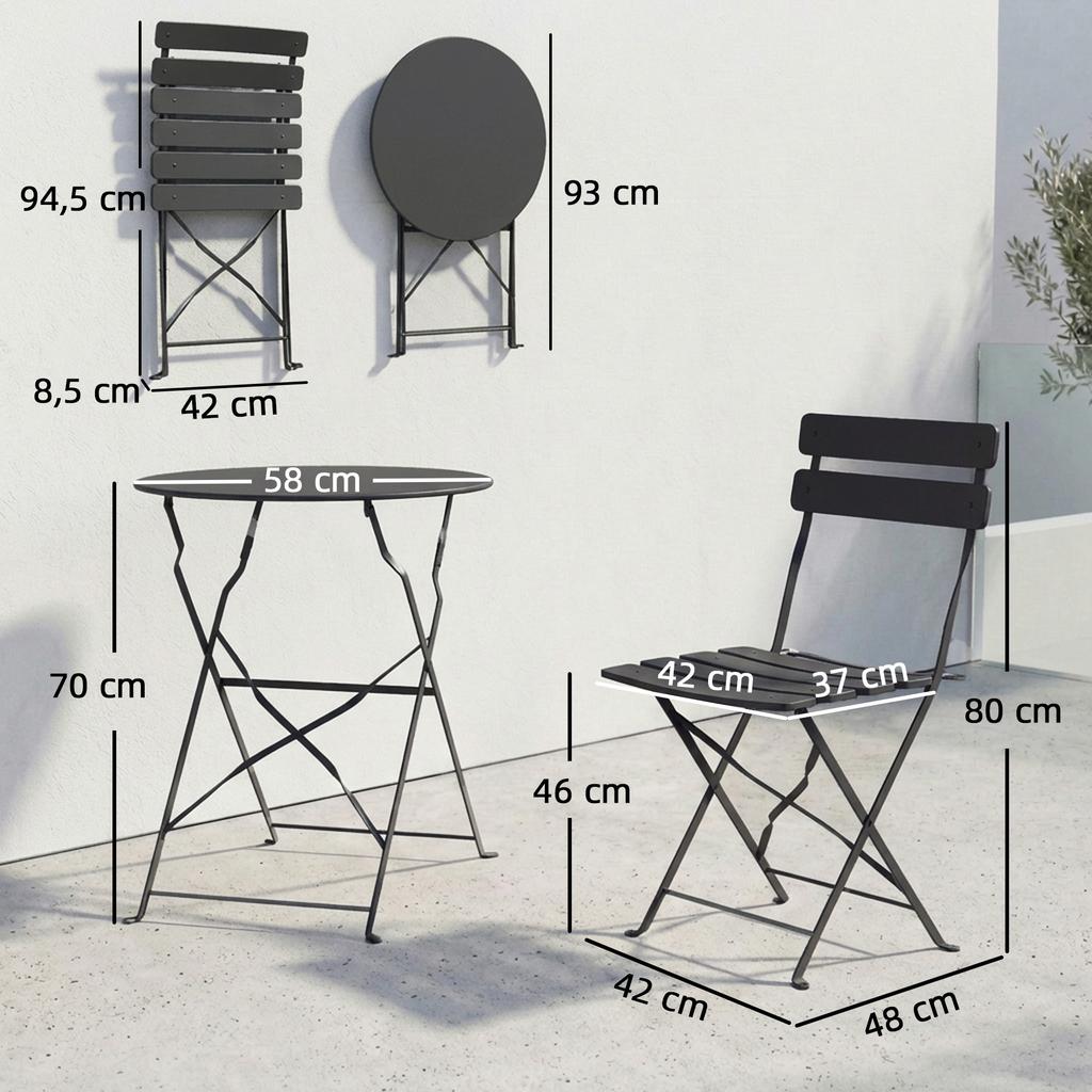 Garden Bistro Set, 3-Piece, Table, 2 Folding Slatted Chairs, Rustproof Protection, Black