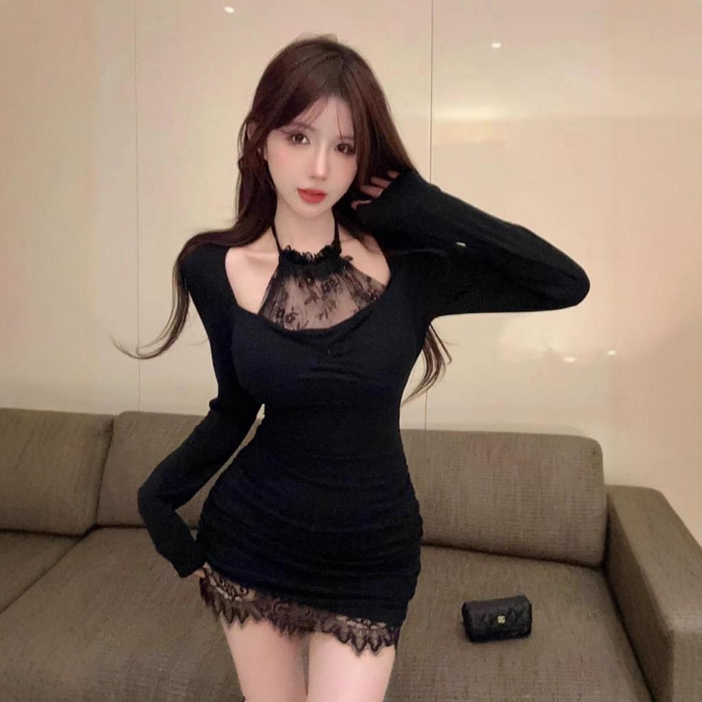 Black lace hip skirt birthday party dress sexy royal sister wear little mother short dress dress autumn and winter