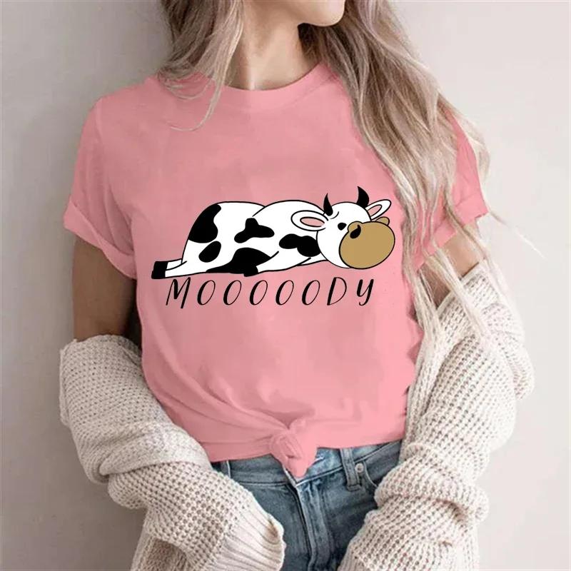 Moooody Cow Print Women Clothing Short Sleeve Aesthetic Clothes  Streetwear Lazy Cow Fashion T-shirts for Women