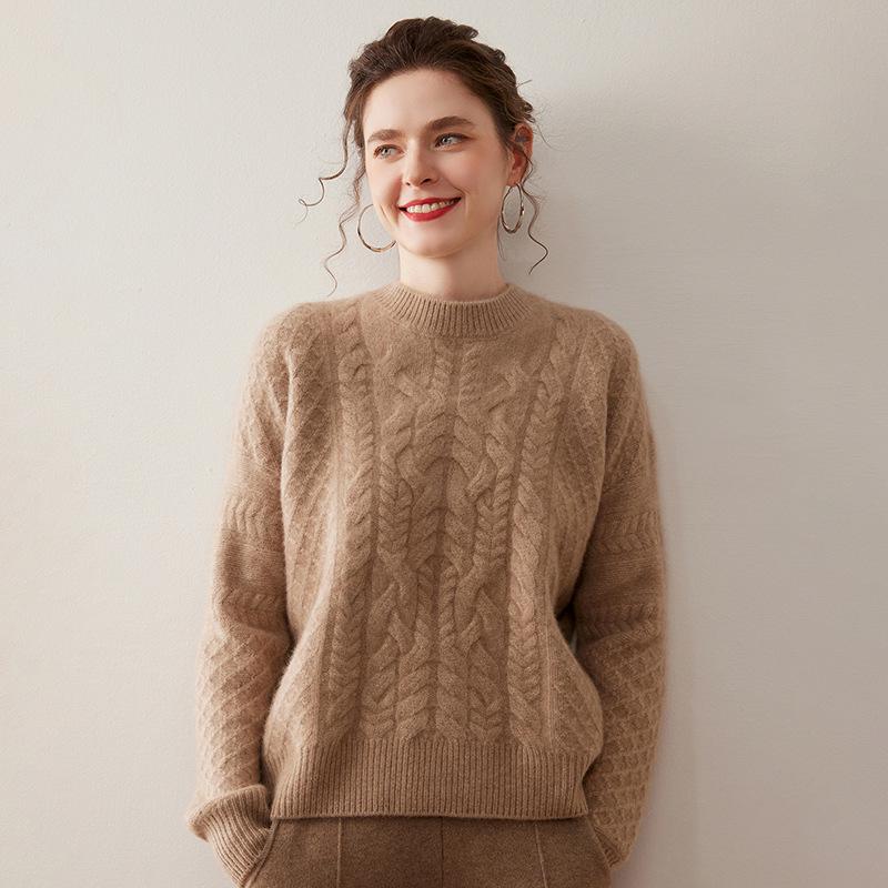 Women's Three-Ply Cashmere Sweater – Loose, Soft, Fluffy, Round Neck Pullover, Versatile Cable Knit for Autumn/Winter.