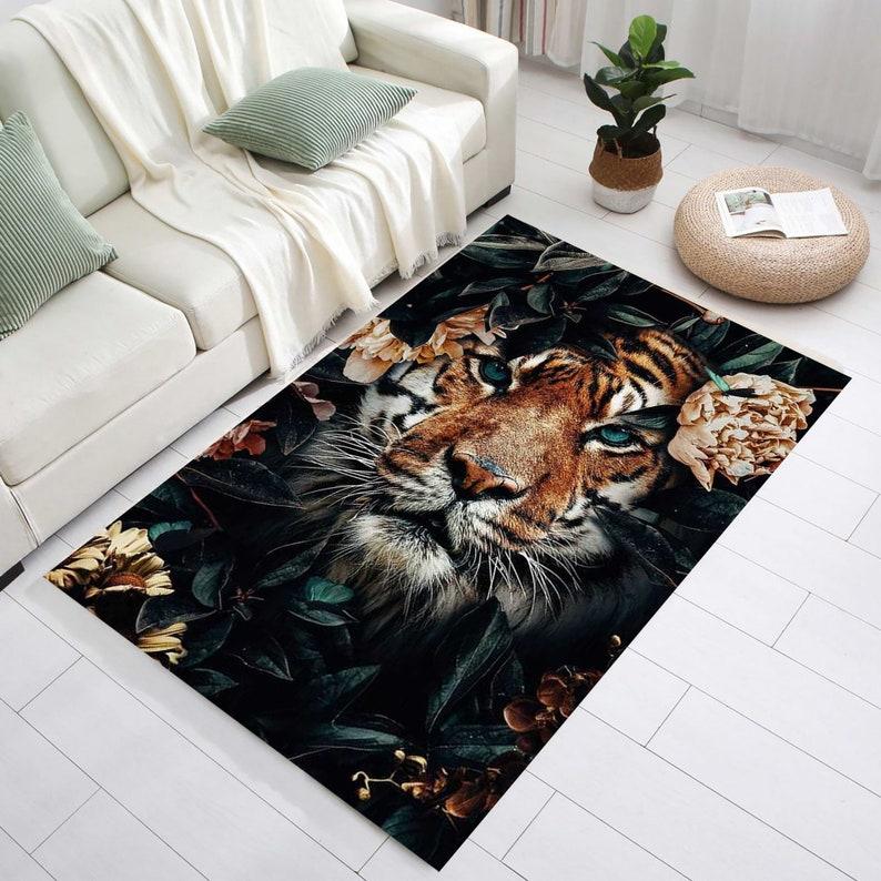 2D Cool Tiger Print Area Rug Wild Animal Pattern Carpet Non-Slip Washable Floor Mat for Living Room Bedroom Man Cave Home Decor