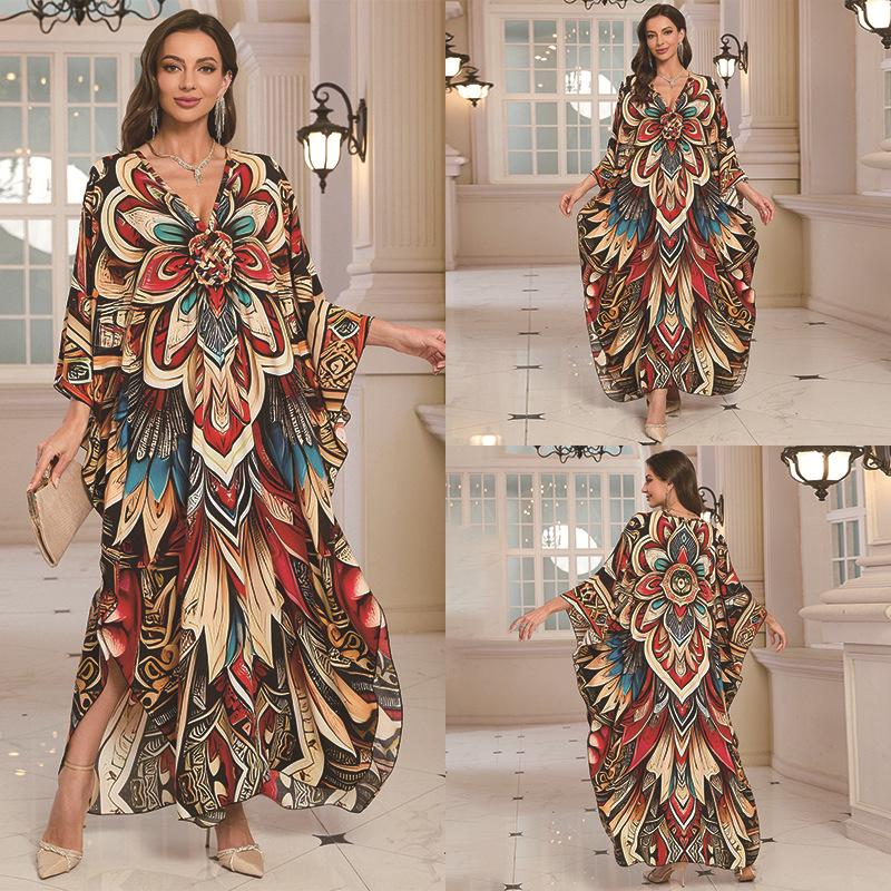 2025 European & American Cotton Printed Beach Dress Women's Long Loose Cover-Up with Sun Protection