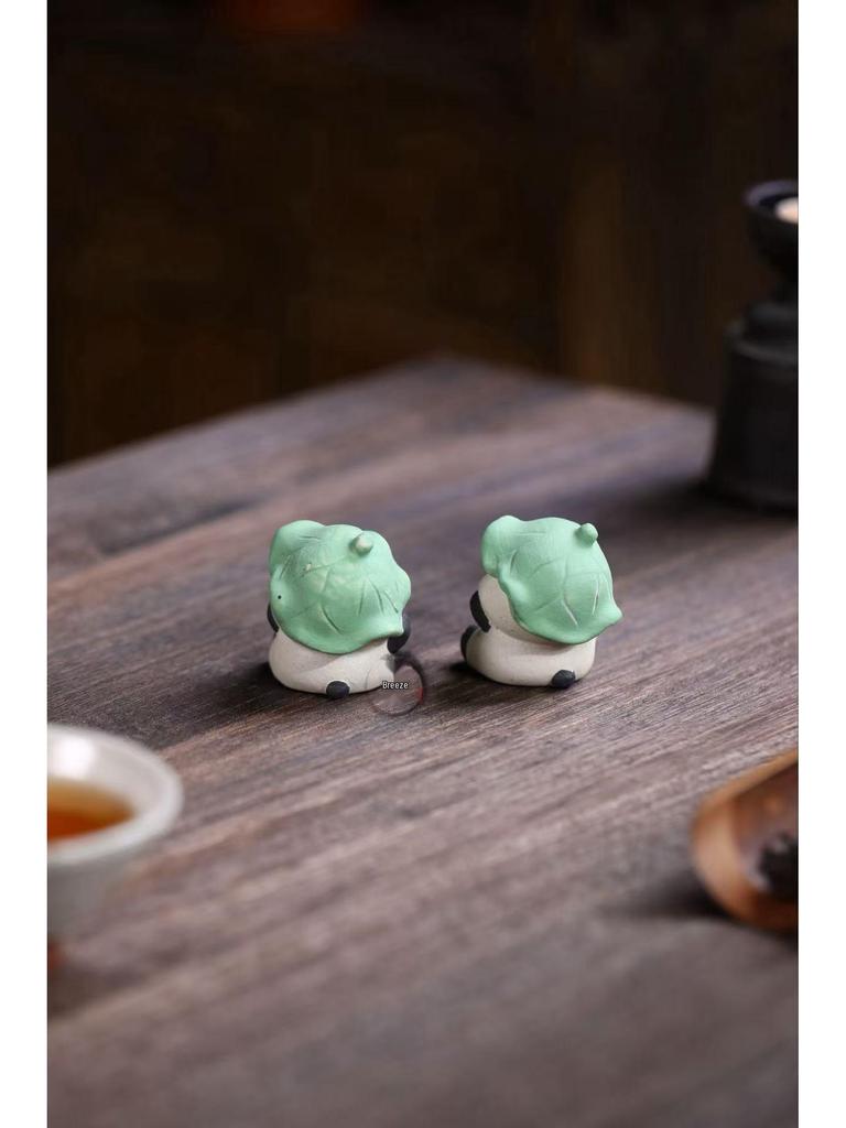 Yixing Zisha Lotus Leaf Panda Tea Pet Ornament for Tea Table Decor, Handmade and Adorable
