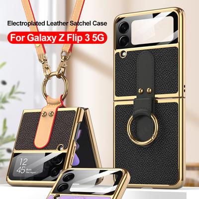 Do etui Samsung Galaxy Z Flip 3 5g Oryginalne etui Luksusowe poszycie Skórzany pasek Pierścień Stojak Twarda obudowa do Samsung Z Flip 3 5g