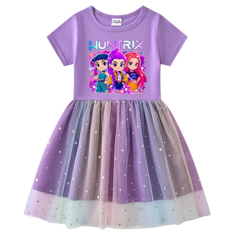 Girls' Kpop Rainbow Sequin Mesh Dress - Long Sleeve, Perfect for Spring & Autumn