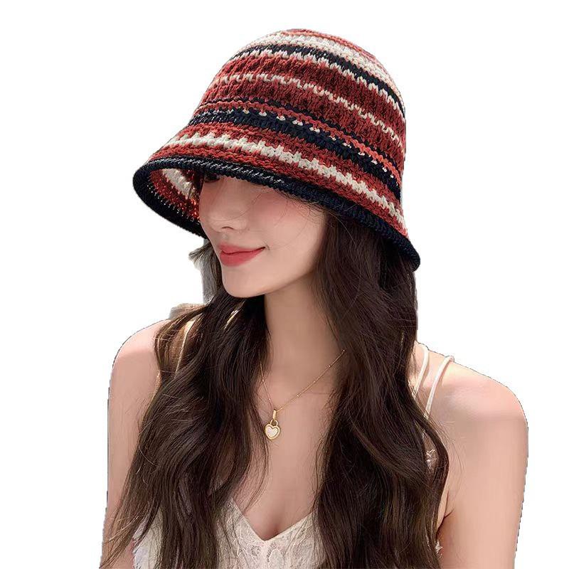Women's Summer Colorful Knitted Bucket Hat - Fashionable, Hollow Design, Versatile, Sun Protection for Outdoor Travel