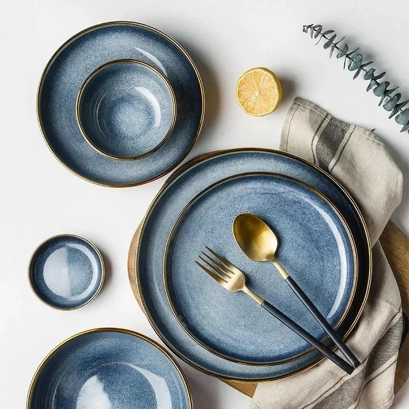 1pcs Light Luxury Ceramic Plate Set Dishes Dinner Plates Dessert Steak Plate Blue Gradient Salad Soup Bowl Plates Tableware