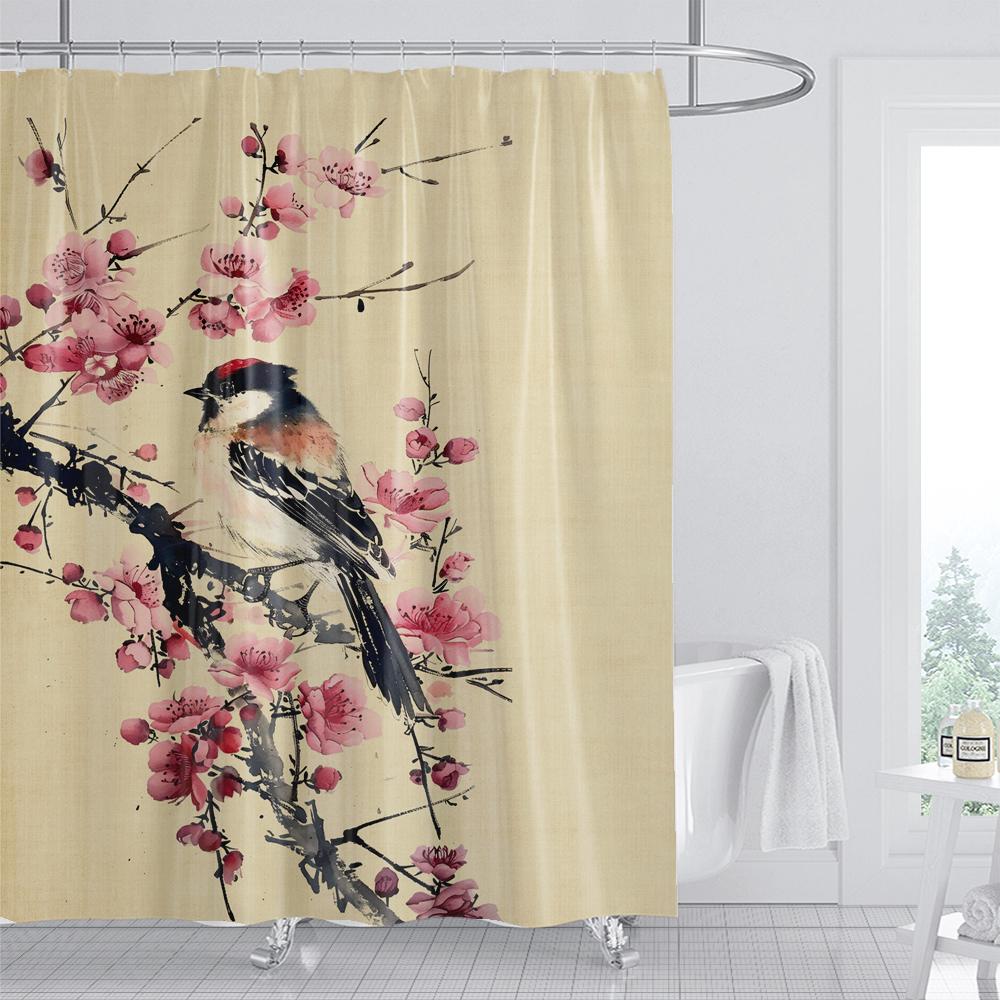 1 Pc The Japanese Plum Blossom Bird Print Shower Curtain With Hooks Modern Polyester Shower Curtain Bathroom Decoration Curtain