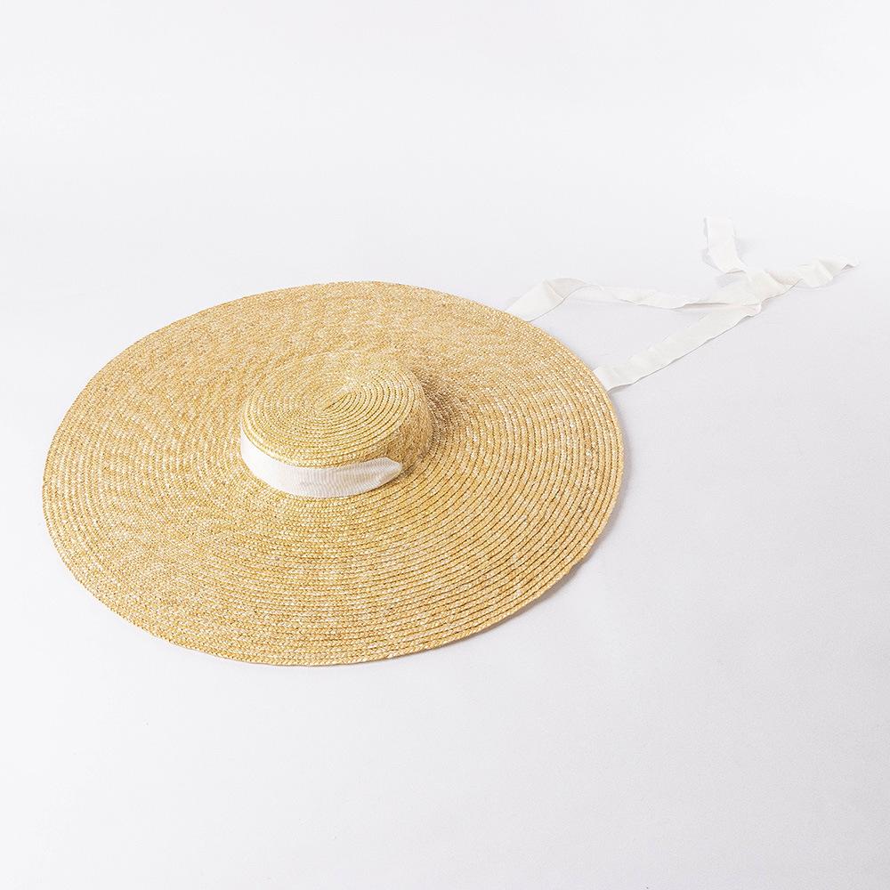 Summer new retro fashion big eaves straw tether flat top straw hat, beach travel sun protection flat top straw hat
