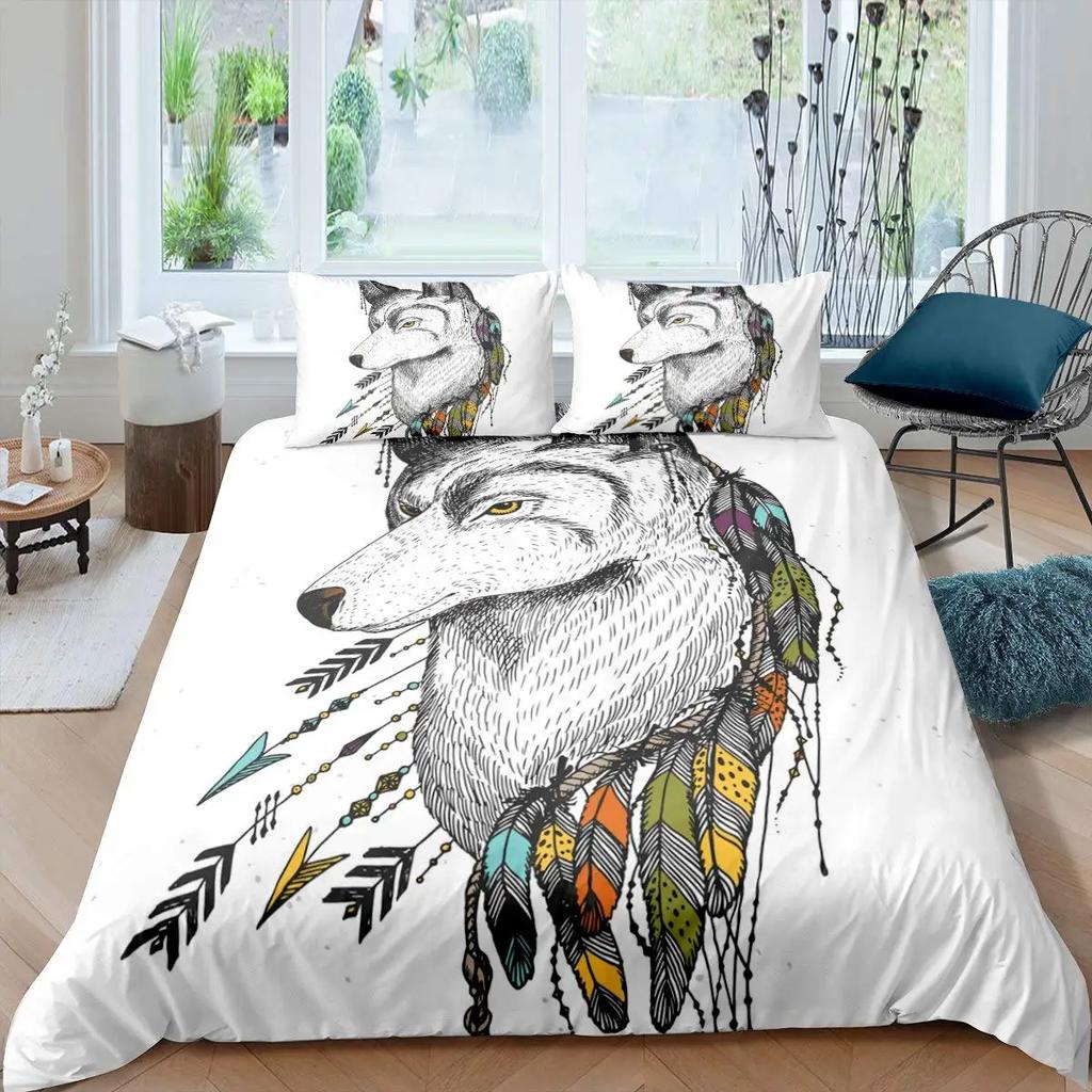 Wolf Dreamcatcher Duvet Cover Set Full Size Indian Dreamcatcher Animal 3D Bedding Set Exotic Style Bohemia Comforter/Quilt Cover