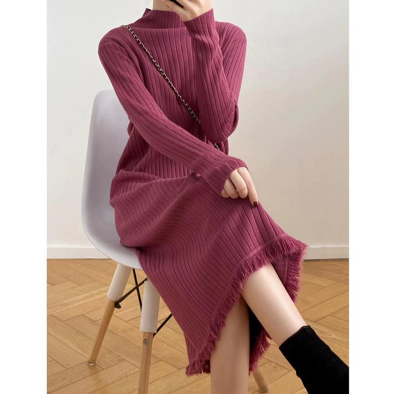 

Осень и зима длинная юбка-свитер женская длиной до колена с полувысоким воротником низ с черным вязаным платьем свободное средней длины One Size красный