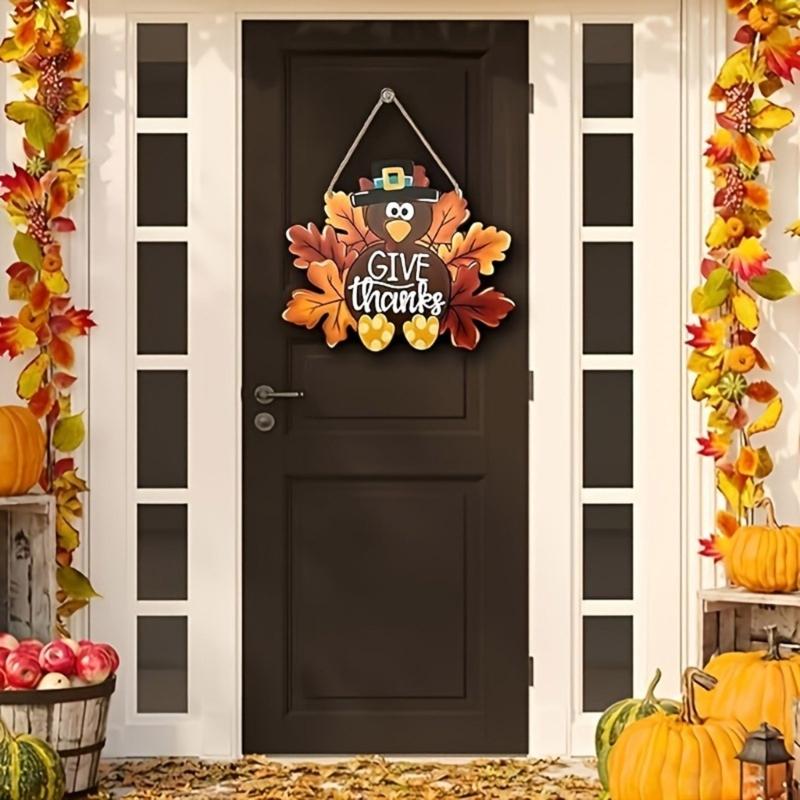 Thanksgiving Turkey Sign Decoration Handmade Wood Front Door Hanger Festival Wall Hanging Wreath Accessory with Lanyard