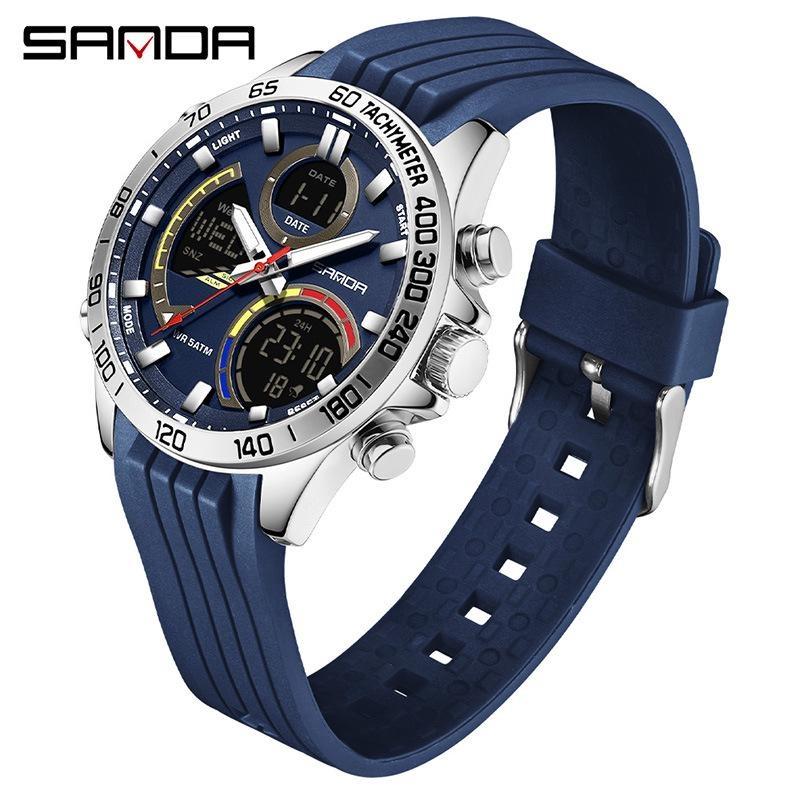SANDA Luxury Men Electronic Quartz Watch Chronograph Double Display Waterproof Man Digital Wristwatch Military Sport Male Clock