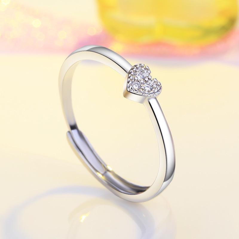 Jin Yali Korean Heart-Shaped Diamond-Inlaid Open Silver Ring - 925 Copper Jewelry
