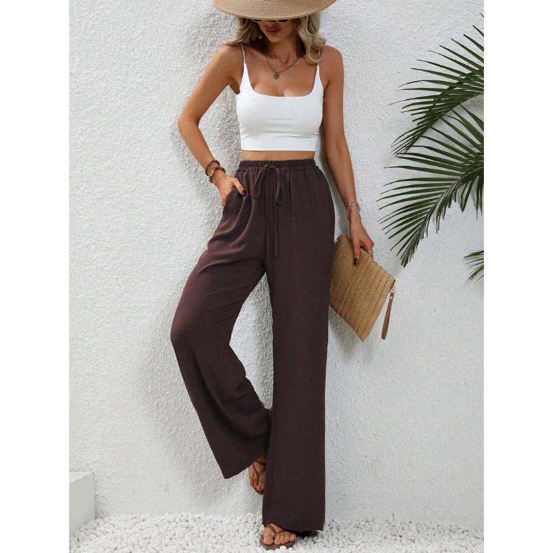 New Women's Solid Color Floor-Length Wide Leg Pants, Elastic Waist with Drawstring, Casual Versatile Trousers for Spring Summer