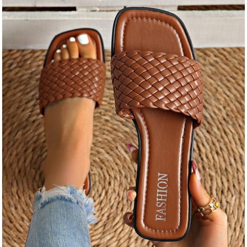 Fashion New Women's Slippers Summer Selling Sexy Braided Red Square Toe Flat Flip-Flops Fashion Beach Mules Casual Indoor Home Slippers