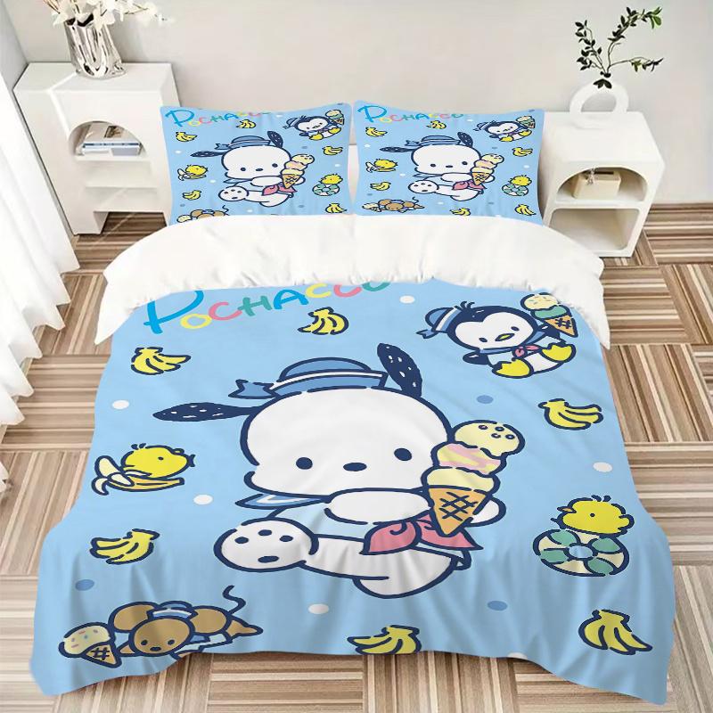 3pcs Pochacco & Ice Cream Design Print Bedding Set (1 Cover + 2 Pillowcases, Without Inserts), Soft and Comfortable W075