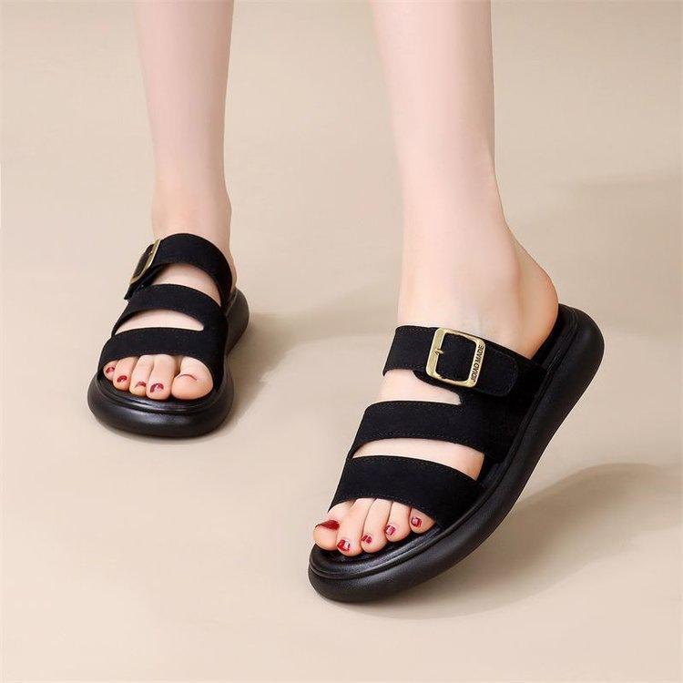 One-word Sandals Women's Outer Wear 2025 New Summer Fashion Metal Square Buckle Soft Bottom Non-slip Beach Slippers with Skirt