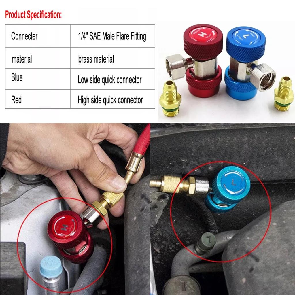 R134A H/L Auto Car Quick Coupler Connector Brass Plating Adapter Air Conditioning Refrigerant Adjustable AC Manifold Gauge