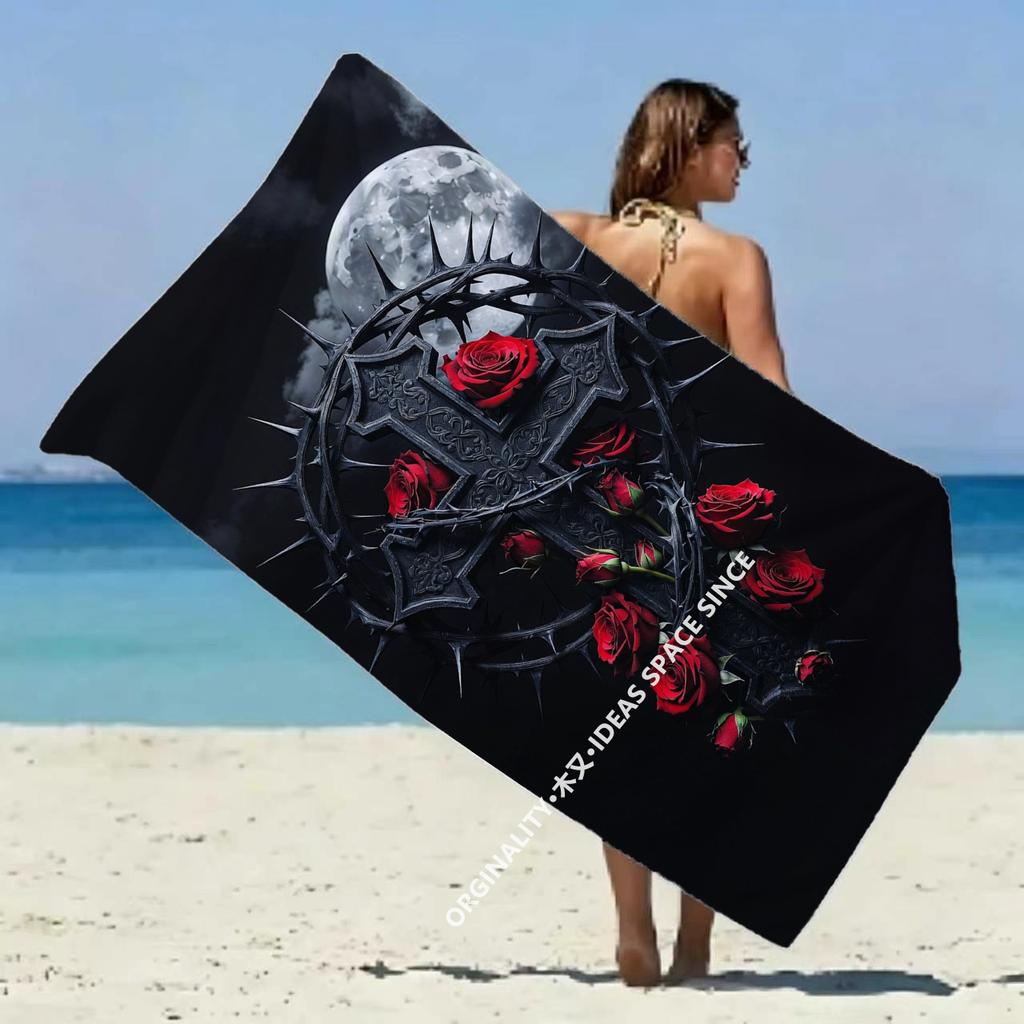 Gothic Thorn Rose Cross Beach Towel Patterned Sunscreen And Windproof Suitable For Swimming Pool Camping Travel Blanket