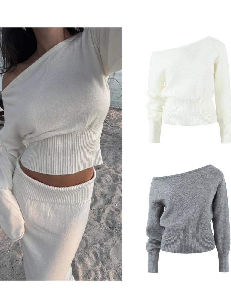 Women's Sexy Off-the-Shoulder Slimming Knit Sweater – Versatile Solid Color Cold Shoulder Top