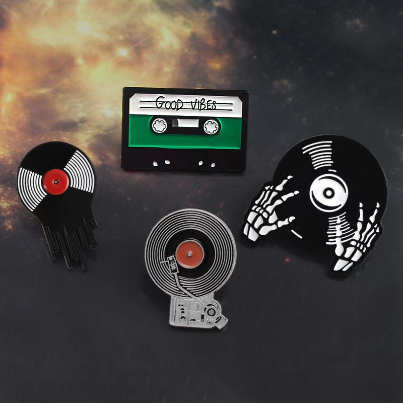 Retro Cassette Tape & Vinyl Record Skull Hand Enamel Pin Brooch