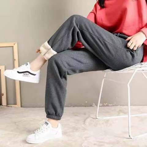 Women's High Waist Harem Pants Loose Fit Sweet Girl Style Fleece Lined Drawstring Warm Casual Nine-point Daily Jogger Trousers