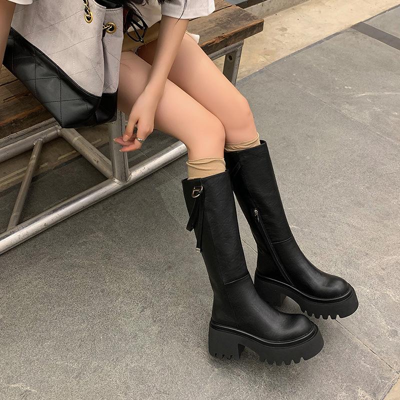 Europäische und amerikanische Mode Kniestiefel mit dicker Sohle 2025 Herbst und Winter neu runde Spitze dicker Absatz Seitenreißverschluss erhöhend Ritterstiefel