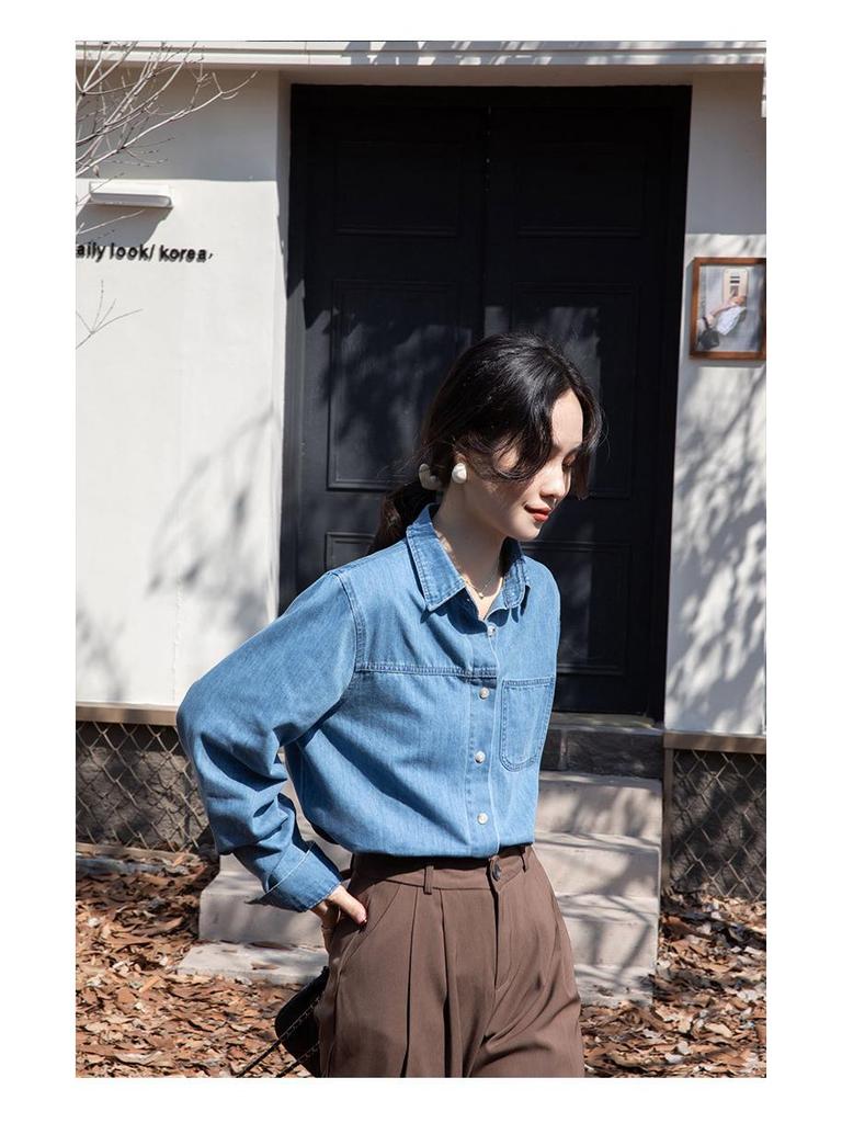 Damska koszula dżinsowa z długim rękawem - Wiosna/Jesień 2025 Retro francuski dopasowany krój