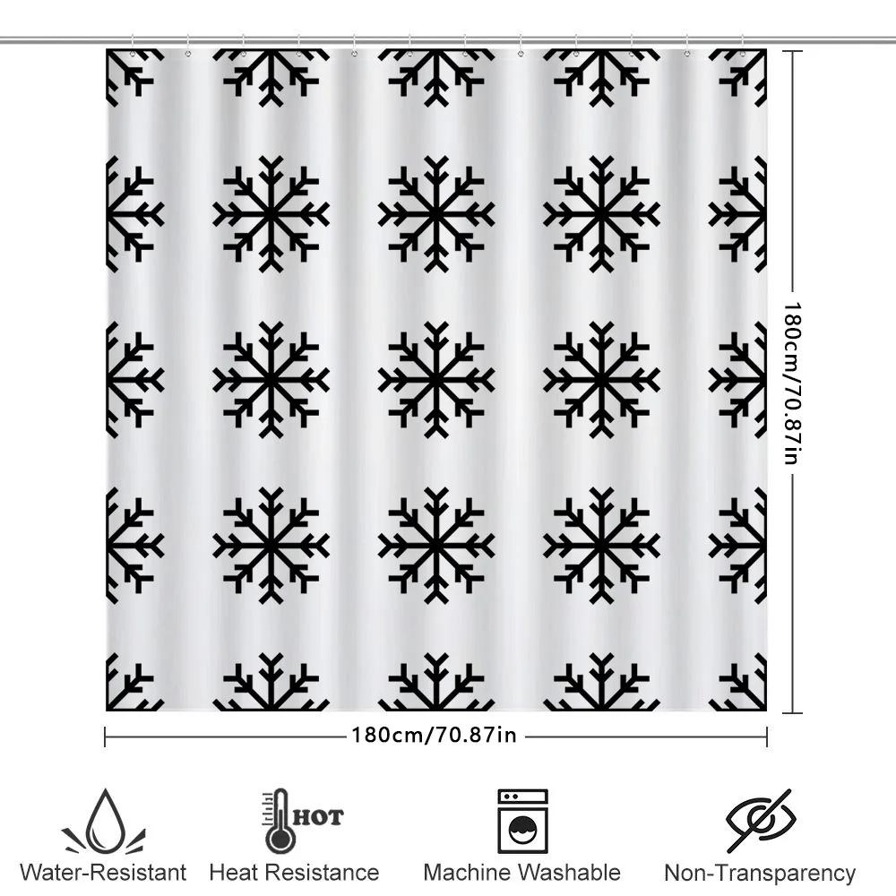 Modern Snowflake Pattern Shower Curtain Set Black White Bathroom Decor Ideas For Kids Bathrooms, Washable Waterproof Fabric With